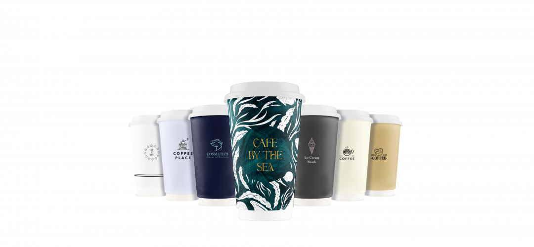 16oz paper cup with dark water colour sea background foiled logo for cafe by the sea